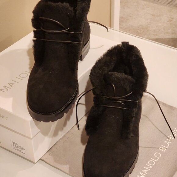 Manolo Blahnik Shoes - Brand New!!| Manolo Blahnik: Mircus Suede Shearling Lace-Up Booties